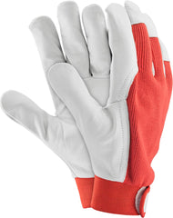 ROBUSTE ARBEITSHANDSCHUHE AUS ZIEGENLEDER MIT ELASTISCHEM ROTEN STOFF