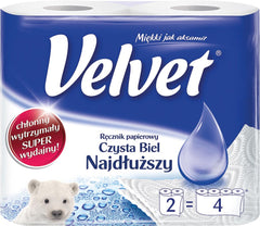 RĘCZNIKI PAPIEROWE NAJDŁUŻY CZYSTA BIEL - 2 ROLKI VELVET