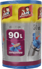 MOCNE WORKI NA ŚMIECI JAN NIEZBĘDNY, WIĄZANE, 90 L, 50 SZT.
