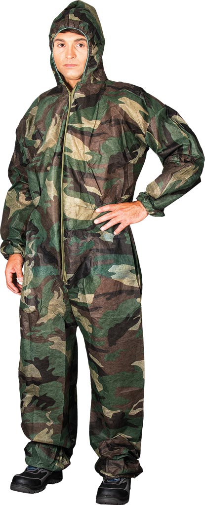 CAMOUFLAGE POLYPROPYLENE COVERALL WITH HOOD AND ELASTIC CUFFS 50 GSM