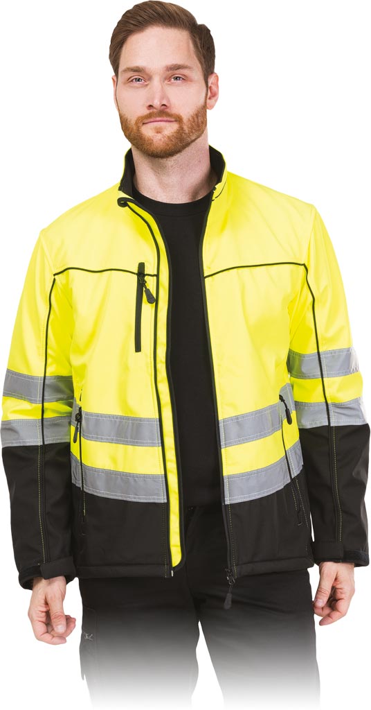 KURTKA SOFTSHELL MĘSKA Z ODBLASKAMI I OCHRONĄ PRZED WĘTRZEM