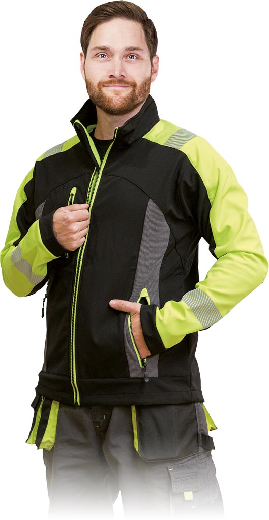 KURTKA MĘSKA SOFTSHELL Z ODBLASKAMI I WSTAWKAMI ŻÓŁTYMI