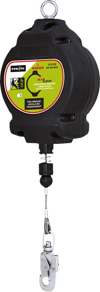 SELBSTSICHERNDE FALLSTOPPER MIT 10 M STAHLSEIL UND DREHBAREM HAKEN