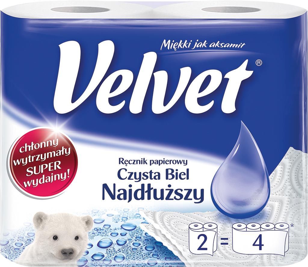 RĘCZNIKI PAPIEROWE NAJDŁUŻY CZYSTA BIEL - 2 ROLKI VELVET
