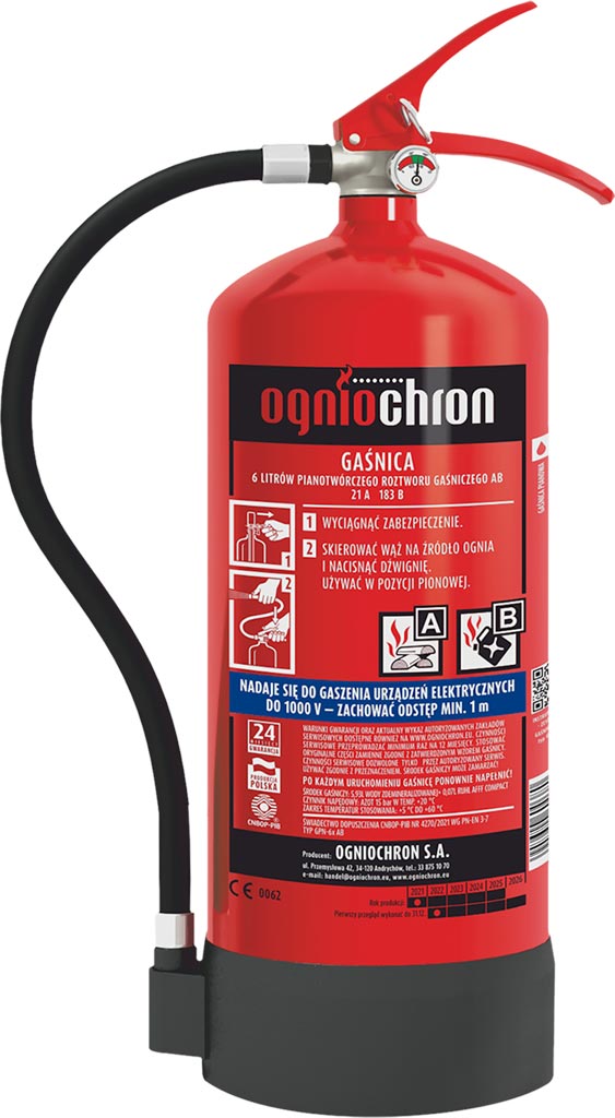GAŚNICA PIANOWA OCHRONNA 6 KG DLA GRUP AB Z WSKAŹNIKIEM CIŚNIENIA
